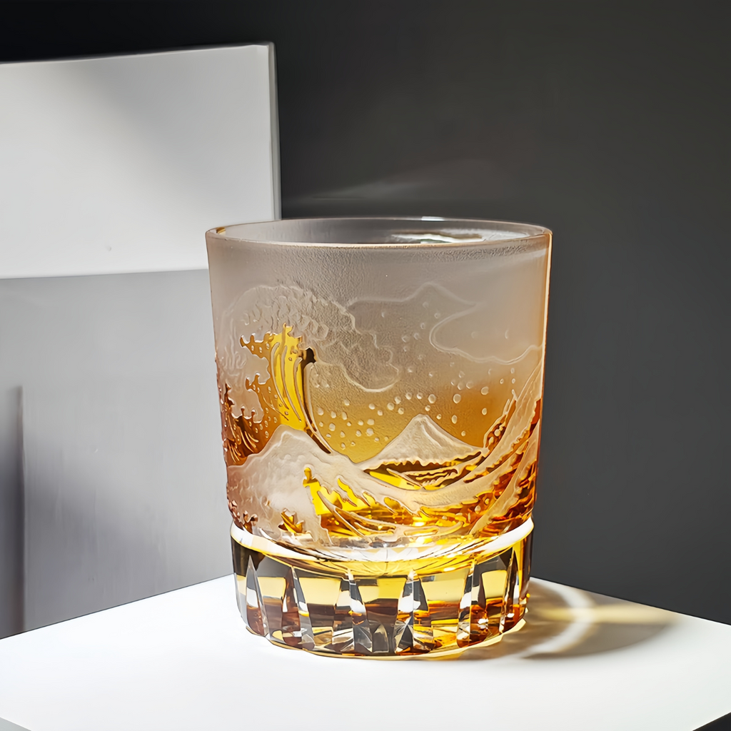 Handcrafted Edo Kiriko Fuji Wave whisky glass, Japanese cut crystal tumbler by Viko