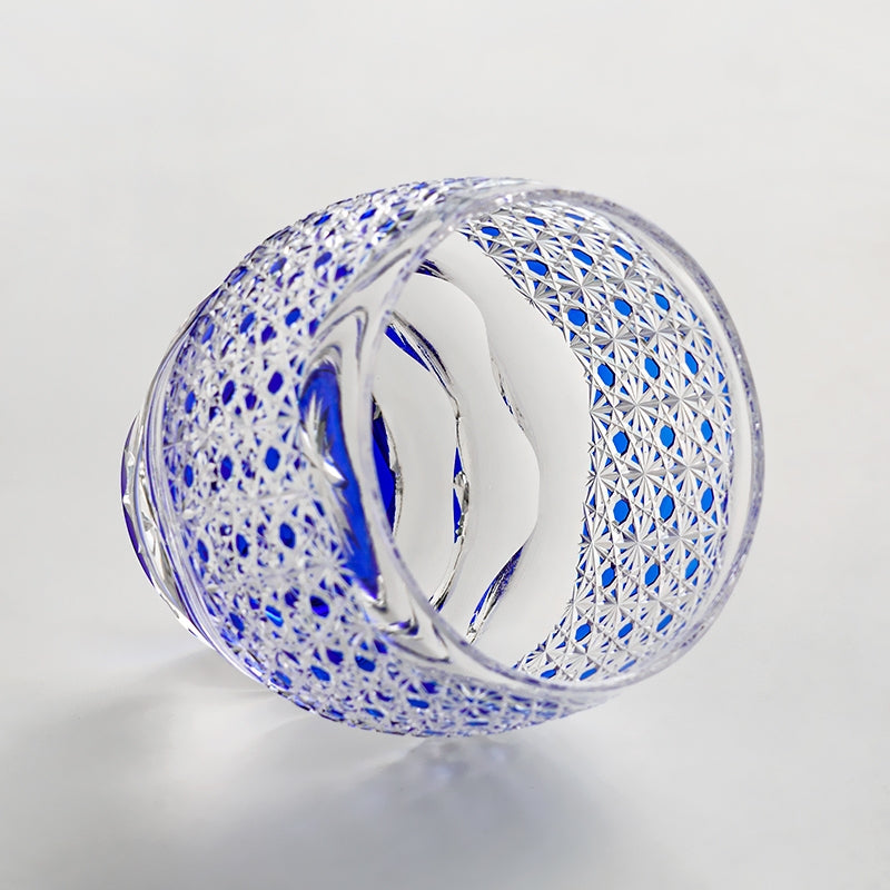 Handcrafted Edo Kiriko Midnight Blue Starburst whisky glass, Japanese cut crystal tumbler by Viko
