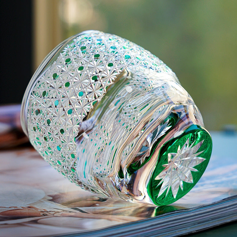 Handcrafted Edo Kiriko Celestial Green Starburst whisky glass, Japanese cut crystal tumbler by Viko
