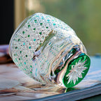 Handcrafted Edo Kiriko Celestial Green Starburst whisky glass, Japanese cut crystal tumbler by Viko