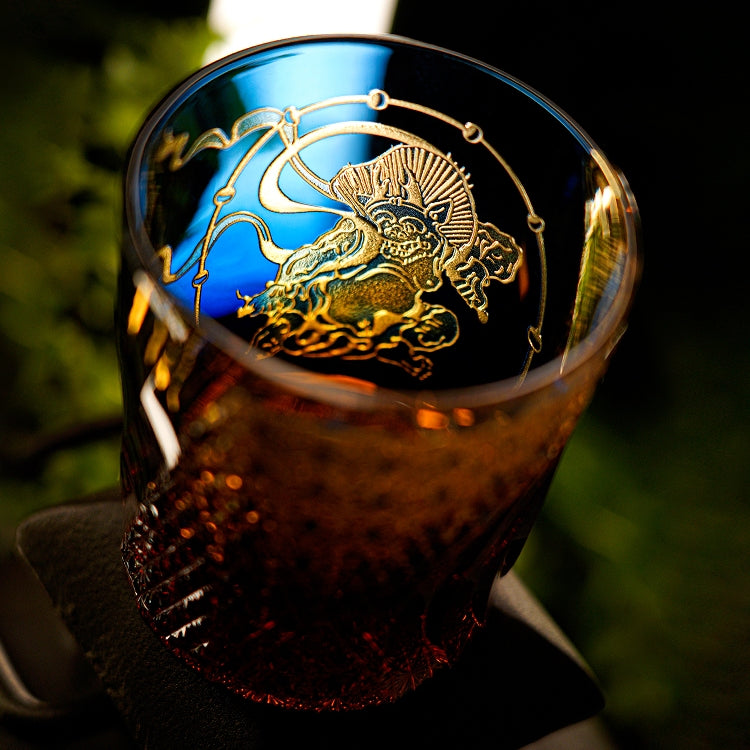 Handcrafted Edo Kiriko Raijin whisky glass, Japanese cut crystal tumbler by Viko