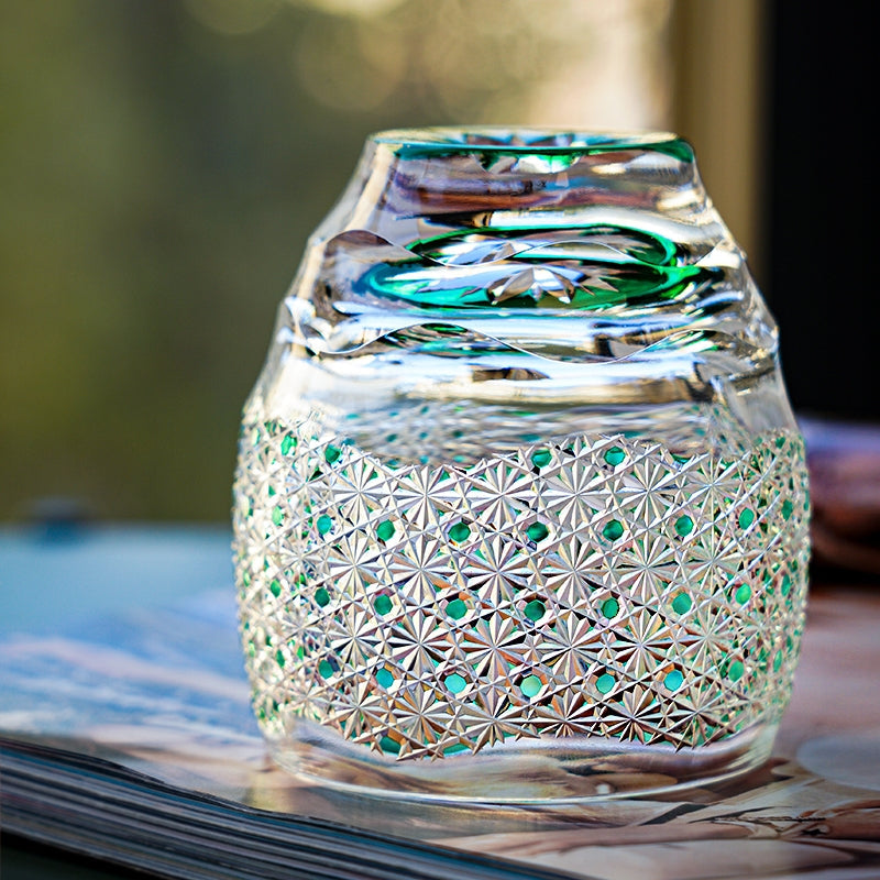 Handcrafted Edo Kiriko Celestial Green Starburst whisky glass, Japanese cut crystal tumbler by Viko