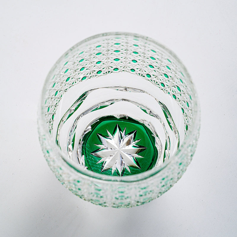 Handcrafted Edo Kiriko Celestial Green Starburst whisky glass, Japanese cut crystal tumbler by Viko