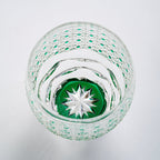 Handcrafted Edo Kiriko Celestial Green Starburst whisky glass, Japanese cut crystal tumbler by Viko