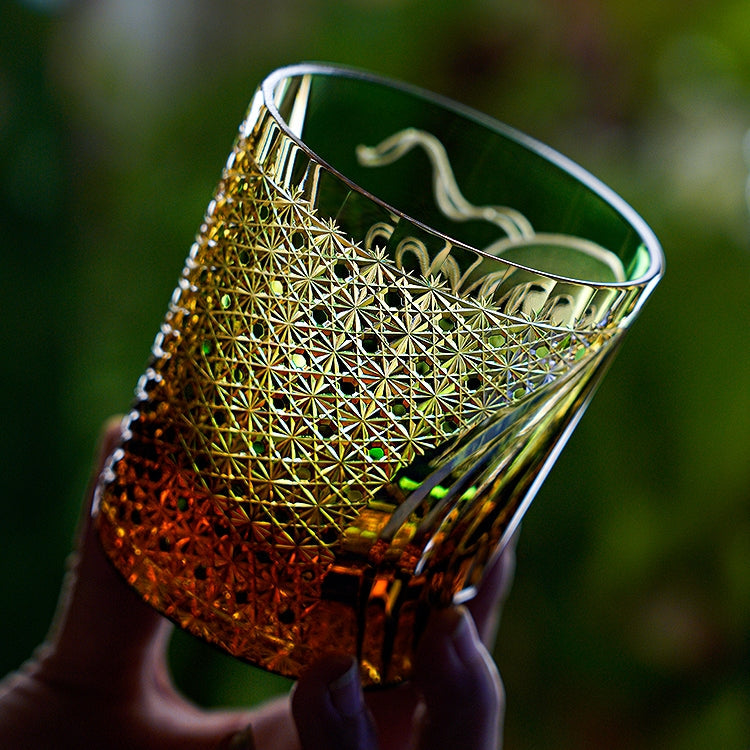 Handcrafted Edo Kiriko Fujin whisky glass, Japanese cut crystal tumbler by Viko