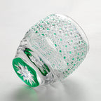 Handcrafted Edo Kiriko Celestial Green Starburst whisky glass, Japanese cut crystal tumbler by Viko