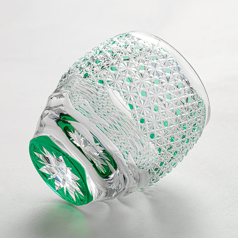 Handcrafted Edo Kiriko Celestial Green Starburst whisky glass, Japanese cut crystal tumbler by Viko