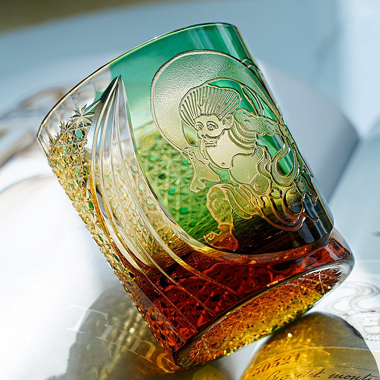 Handcrafted Edo Kiriko Fujin whisky glass, Japanese cut crystal tumbler by Viko