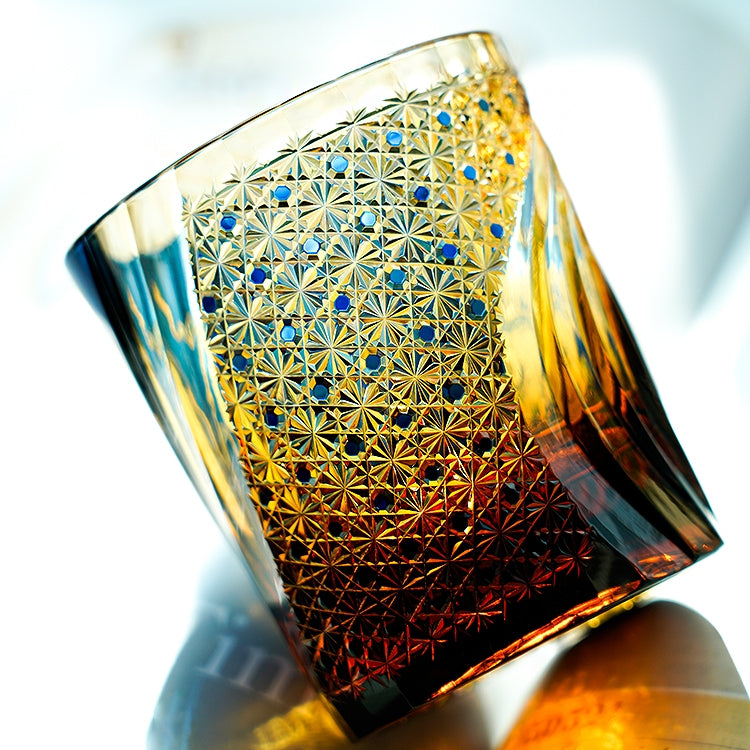Handcrafted Edo Kiriko Raijin whisky glass, Japanese cut crystal tumbler by Viko