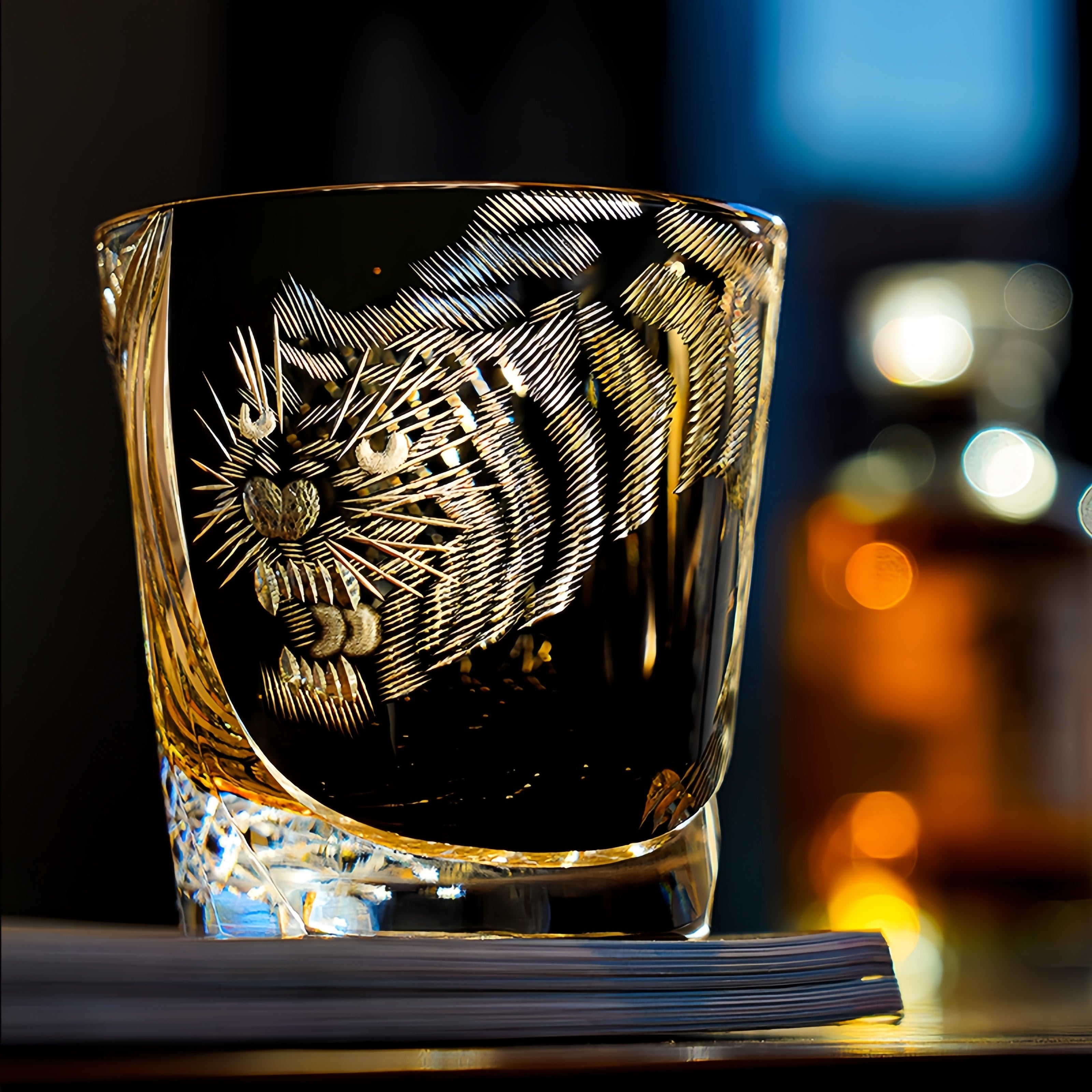 Handcrafted Edo Kiriko Kuro Tora whisky glass, Japanese cut crystal tumbler by Viko