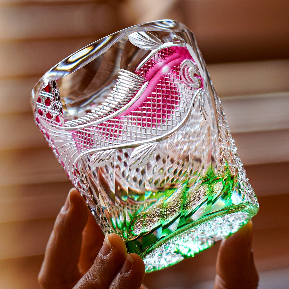 Handcrafted Edo Kiriko Kingyo Nishiki whisky glass, Japanese cut crystal tumbler by Viko