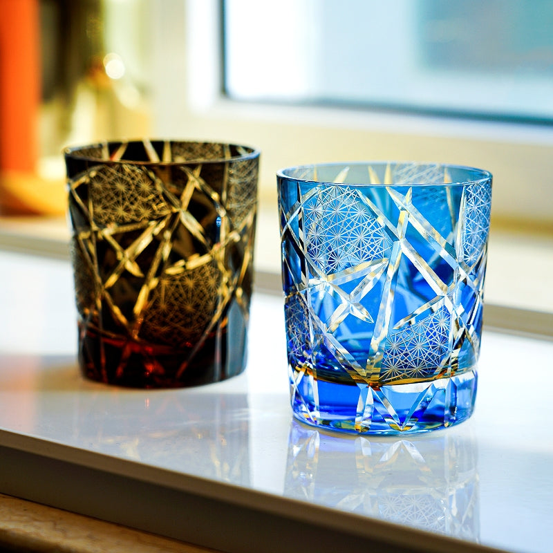Handcrafted Edo Kiriko Crane Lightning whisky glass, Japanese cut crystal tumbler by Viko