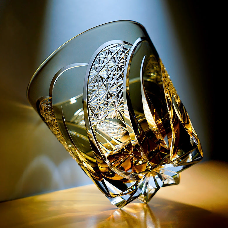 Handcrafted Edo Kiriko Shadow Luminary whisky glass, Japanese cut crystal tumbler by Viko