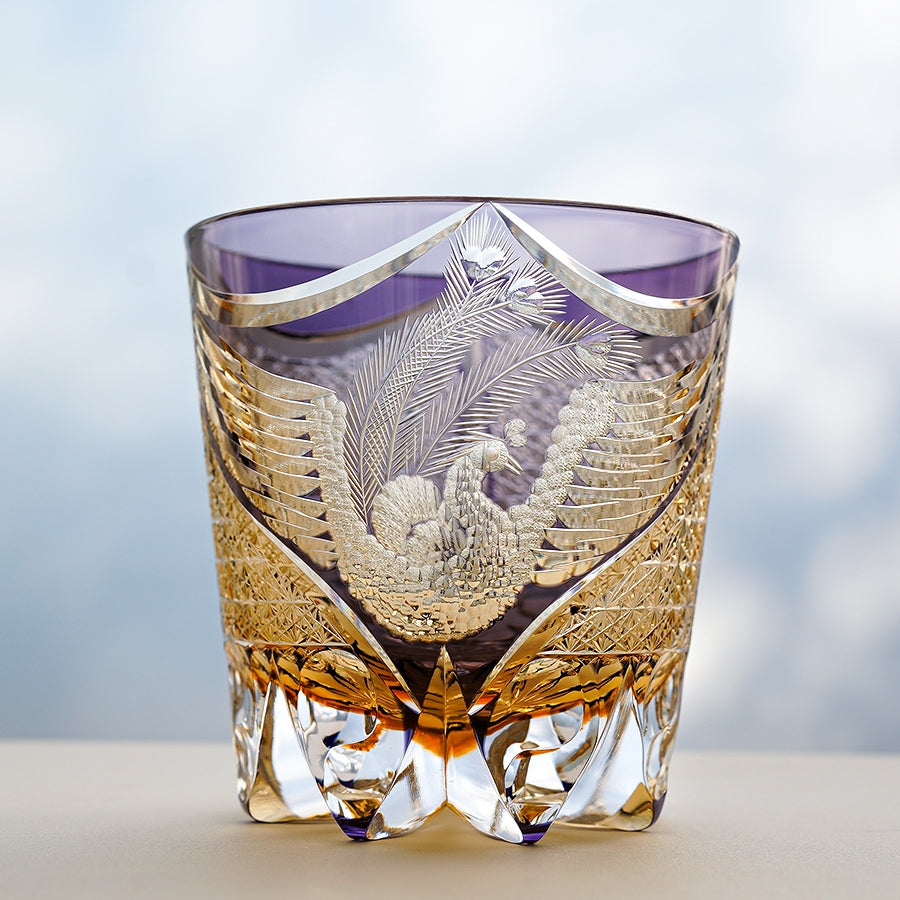 Handcrafted Edo Kiriko Dancing Phoenix whisky glass, Japanese cut crystal tumbler by Viko