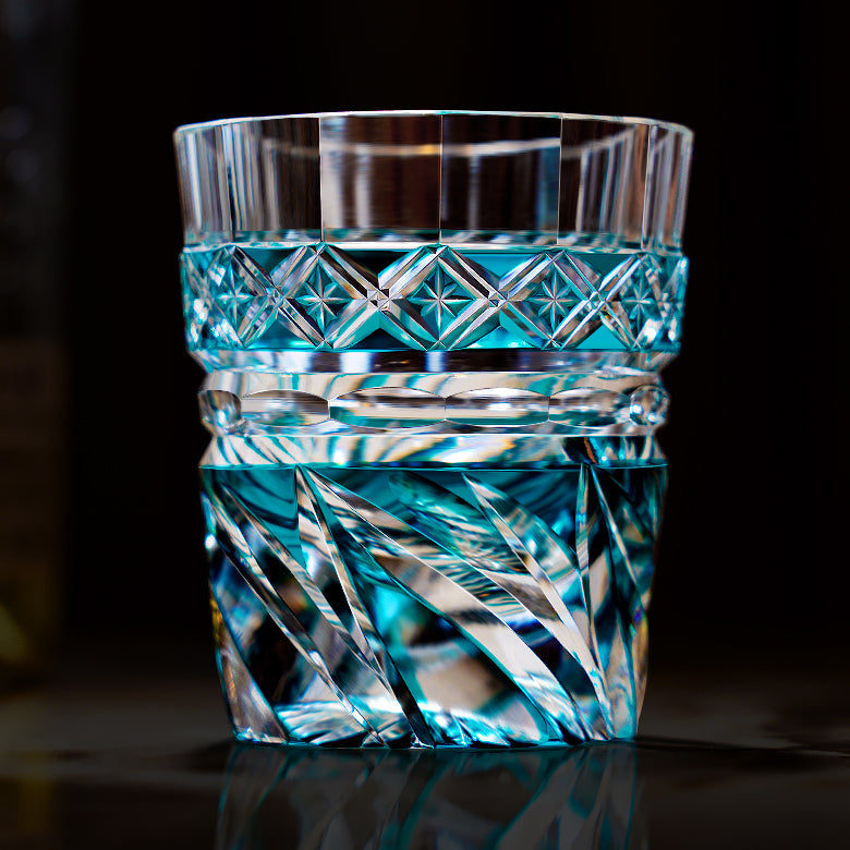 Handcrafted Edo Kiriko Aozora Kaze whisky glass, Japanese cut crystal tumbler by Viko