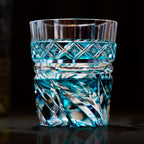 Handcrafted Edo Kiriko Aozora Kaze whisky glass, Japanese cut crystal tumbler by Viko