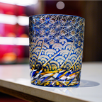 Handcrafted Edo Kiriko Blue Amber whisky glass, Japanese cut crystal tumbler by Viko