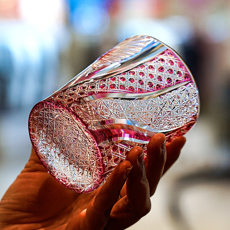 Handcrafted Edo Kiriko Taikan Rose Koi whisky glass, Japanese cut crystal tumbler by Viko