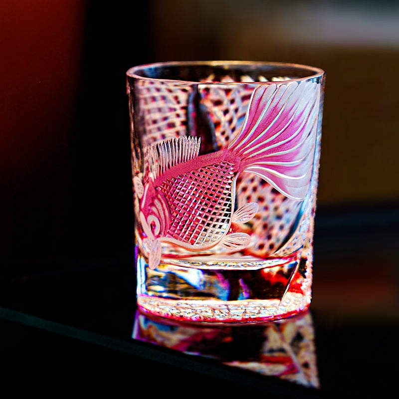 Handcrafted Edo Kiriko Taikan Rose Koi whisky glass, Japanese cut crystal tumbler by Viko