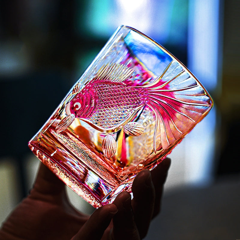 Handcrafted Edo Kiriko Taikan Rose Koi whisky glass, Japanese cut crystal tumbler by Viko