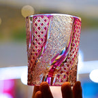 Handcrafted Edo Kiriko Taikan Rose Koi whisky glass, Japanese cut crystal tumbler by Viko