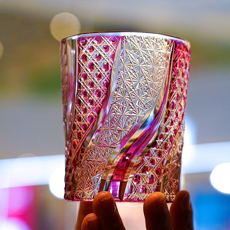 Handcrafted Edo Kiriko Taikan Rose Koi whisky glass, Japanese cut crystal tumbler by Viko