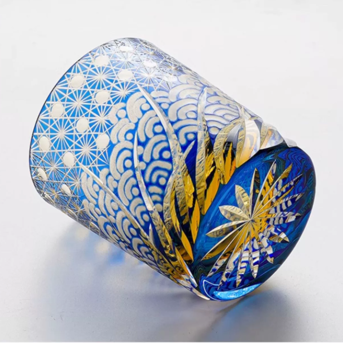 Handcrafted Edo Kiriko Blue Amber whisky glass, Japanese cut crystal tumbler by Viko
