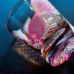 Handcrafted Edo Kiriko Taikan Rose Koi whisky glass, Japanese cut crystal tumbler by Viko