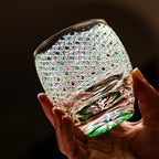 Handcrafted Edo Kiriko Celestial Green Starburst whisky glass, Japanese cut crystal tumbler by Viko