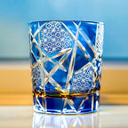Handcrafted Edo Kiriko Crane Lightning whisky glass, Japanese cut crystal tumbler by Viko