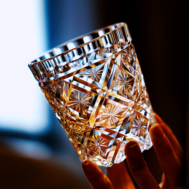 Handcrafted Edo Kiriko Hana Blossom whisky glass, Japanese cut crystal tumbler by Viko