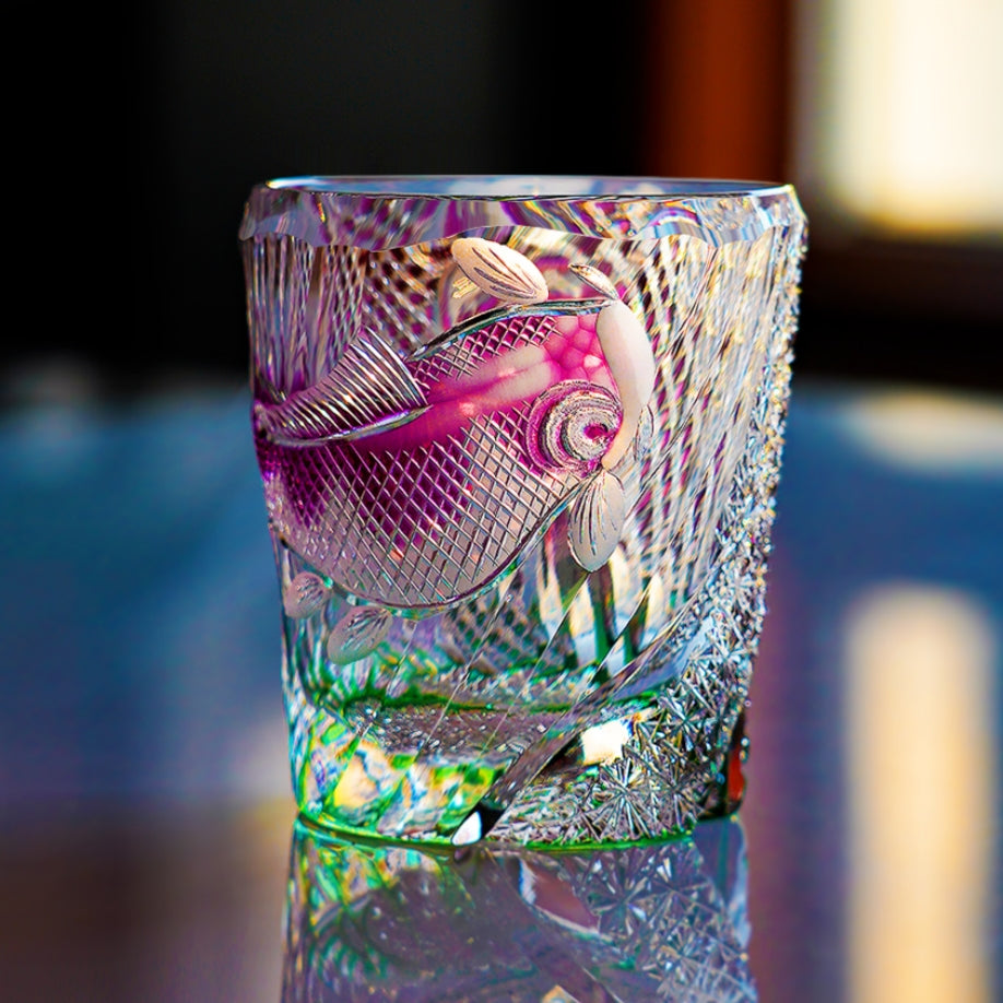 Handcrafted Edo Kiriko Kingyo Nishiki whisky glass, Japanese cut crystal tumbler by Viko