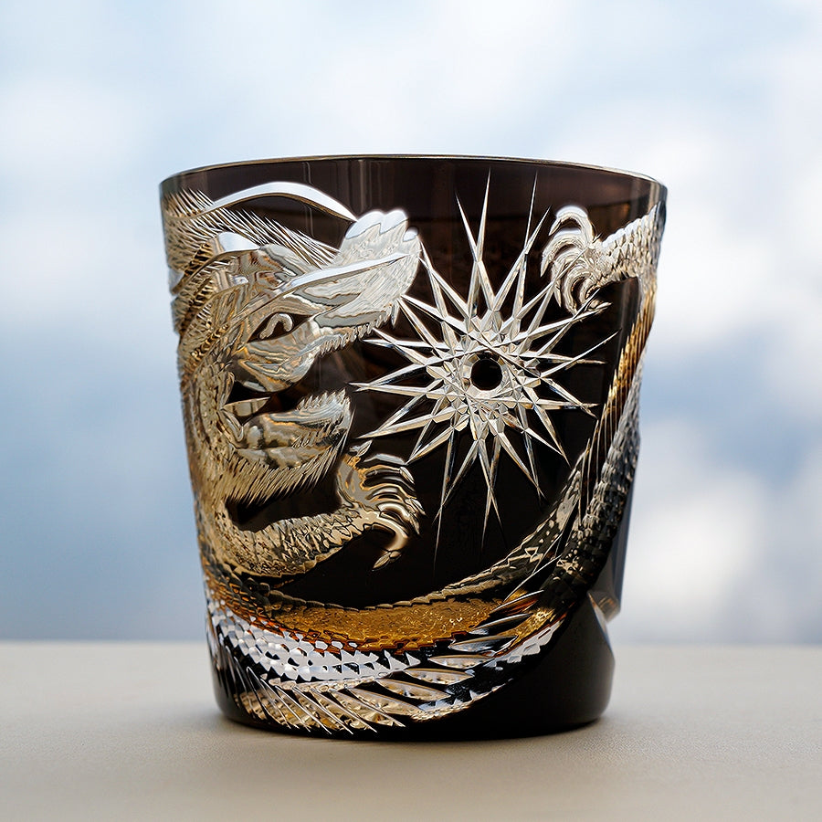 Handcrafted Edo Kiriko Soaring Dragon whisky glass, Japanese cut crystal tumbler by Viko