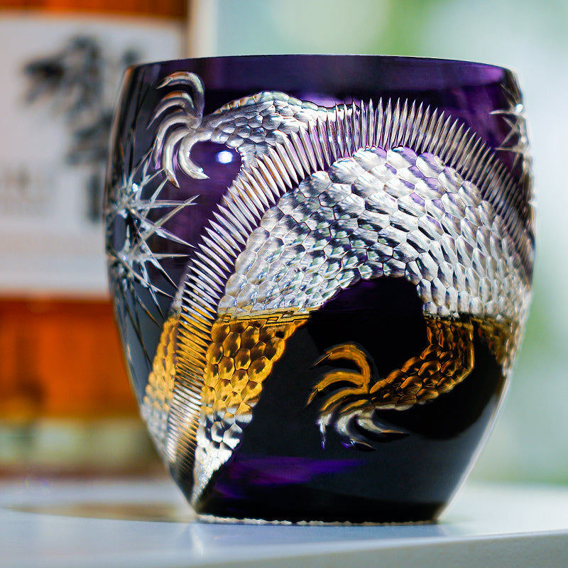 Handcrafted Edo Kiriko Majestic Dragon whisky glass, Japanese cut crystal tumbler by Viko