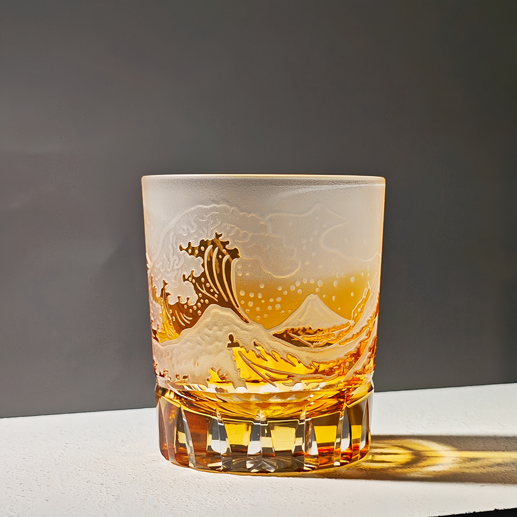 Handcrafted Edo Kiriko Fuji Wave whisky glass, Japanese cut crystal tumbler by Viko