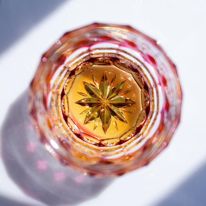 Handcrafted Edo Kiriko Ruby Aurora whisky glass, Japanese cut crystal tumbler by Viko