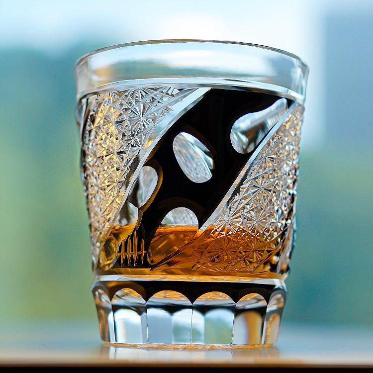 Handcrafted Edo Kiriko Midnight Asanoha whisky glass, Japanese cut crystal tumbler by Viko
