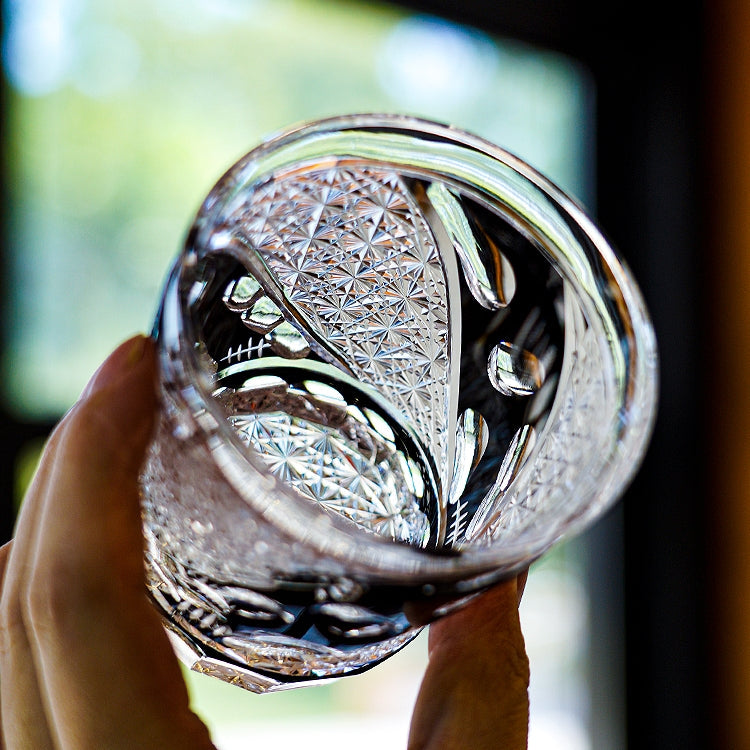 Handcrafted Edo Kiriko Midnight Asanoha whisky glass, Japanese cut crystal tumbler by Viko