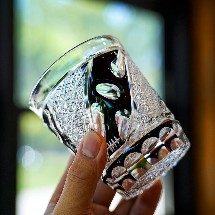 Handcrafted Edo Kiriko Midnight Asanoha whisky glass, Japanese cut crystal tumbler by Viko