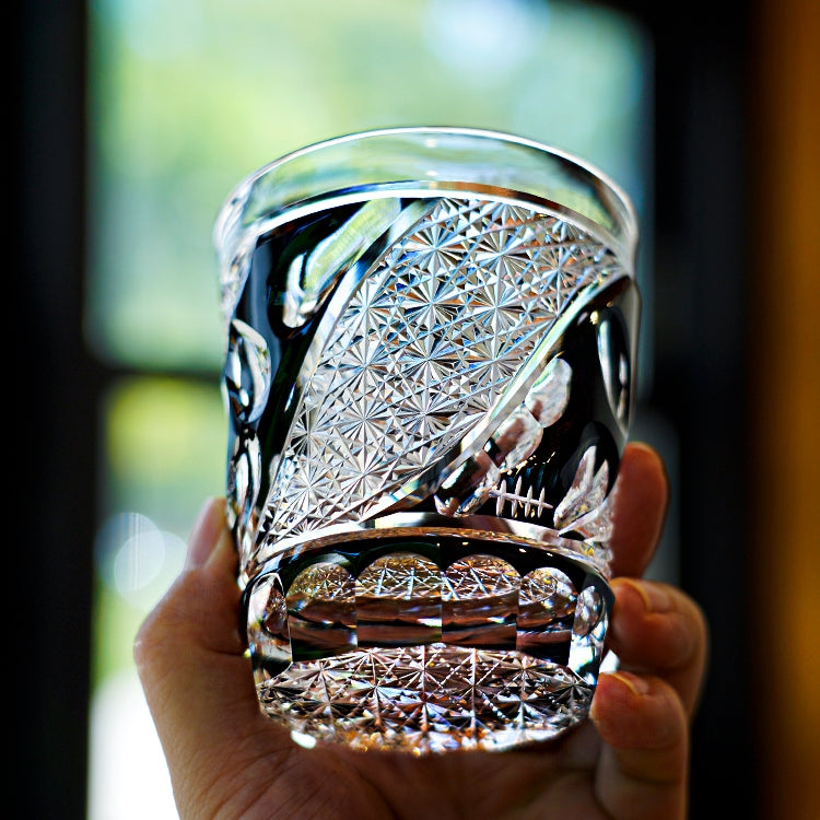 Handcrafted Edo Kiriko Midnight Asanoha whisky glass, Japanese cut crystal tumbler by Viko
