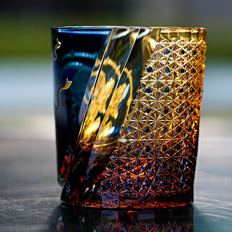 Handcrafted Edo Kiriko Raijin whisky glass, Japanese cut crystal tumbler by Viko
