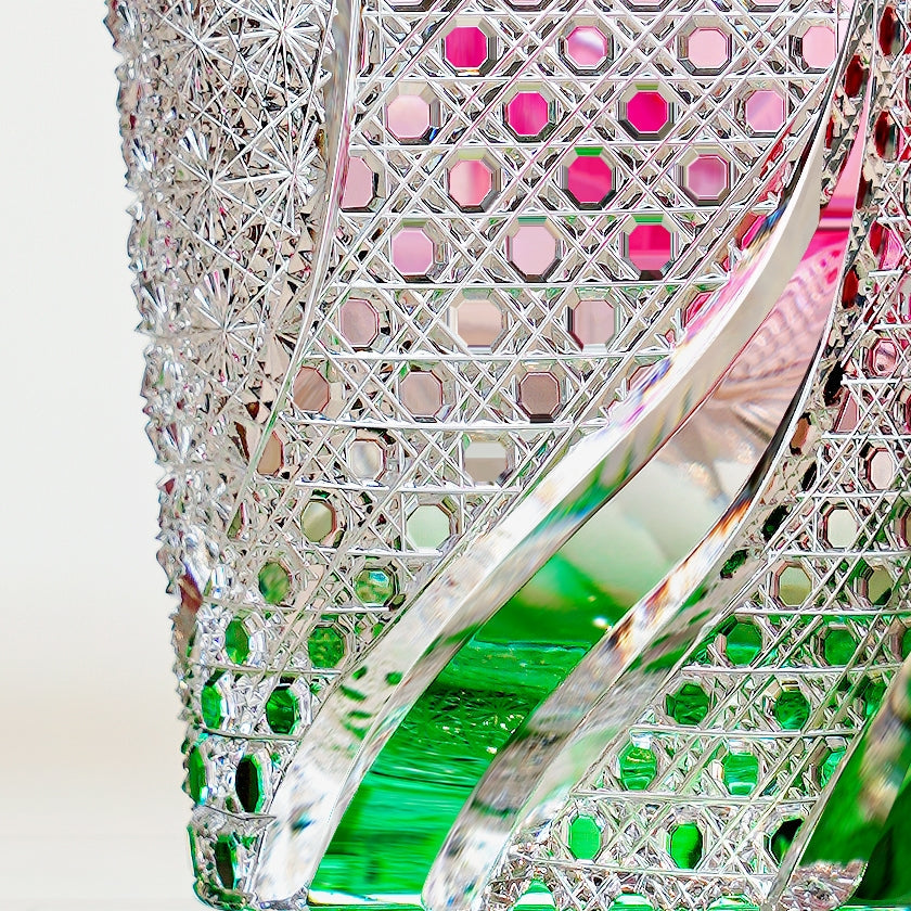 Handcrafted Edo Kiriko Kingyo Nishiki whisky glass, Japanese cut crystal tumbler by Viko