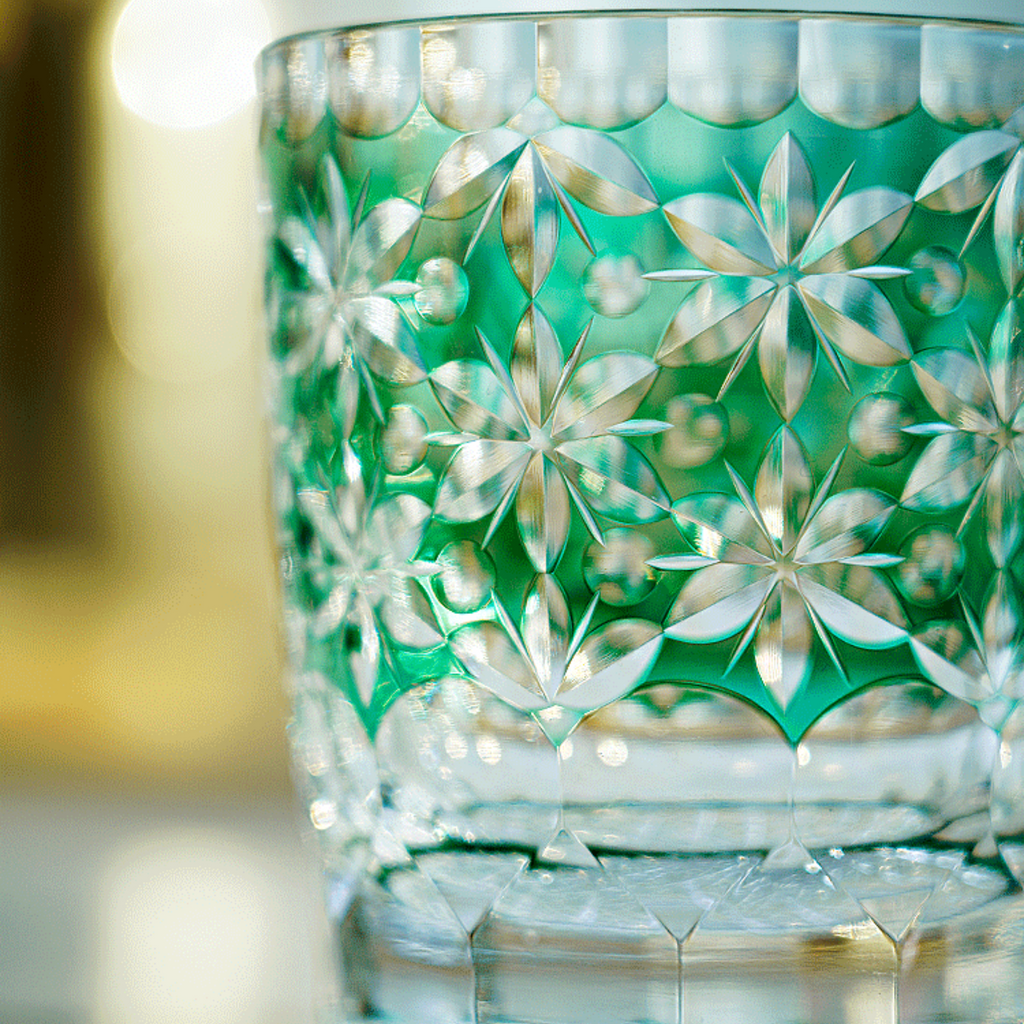 Handcrafted Edo Kiriko Sakura Snow whisky glass, Japanese cut crystal tumbler by Viko