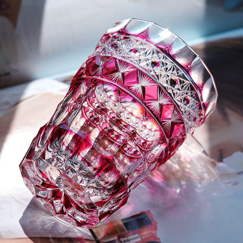 Handcrafted Edo Kiriko Ruby Aurora whisky glass, Japanese cut crystal tumbler by Viko