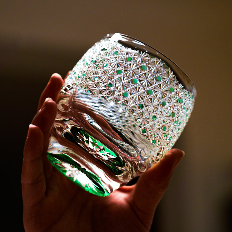 Handcrafted Edo Kiriko Celestial Green Starburst whisky glass, Japanese cut crystal tumbler by Viko