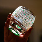 Handcrafted Edo Kiriko Celestial Green Starburst whisky glass, Japanese cut crystal tumbler by Viko