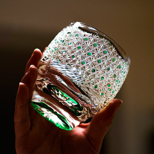 Handcrafted Edo Kiriko Celestial Green Starburst whisky glass, Japanese cut crystal tumbler by Viko