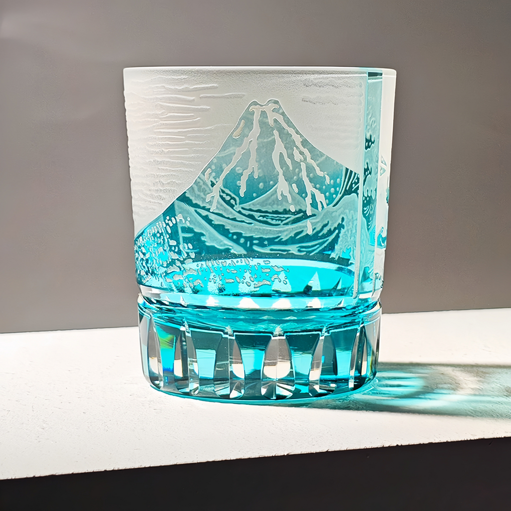 Handcrafted Edo Kiriko Fuji Wave whisky glass, Japanese cut crystal tumbler by Viko