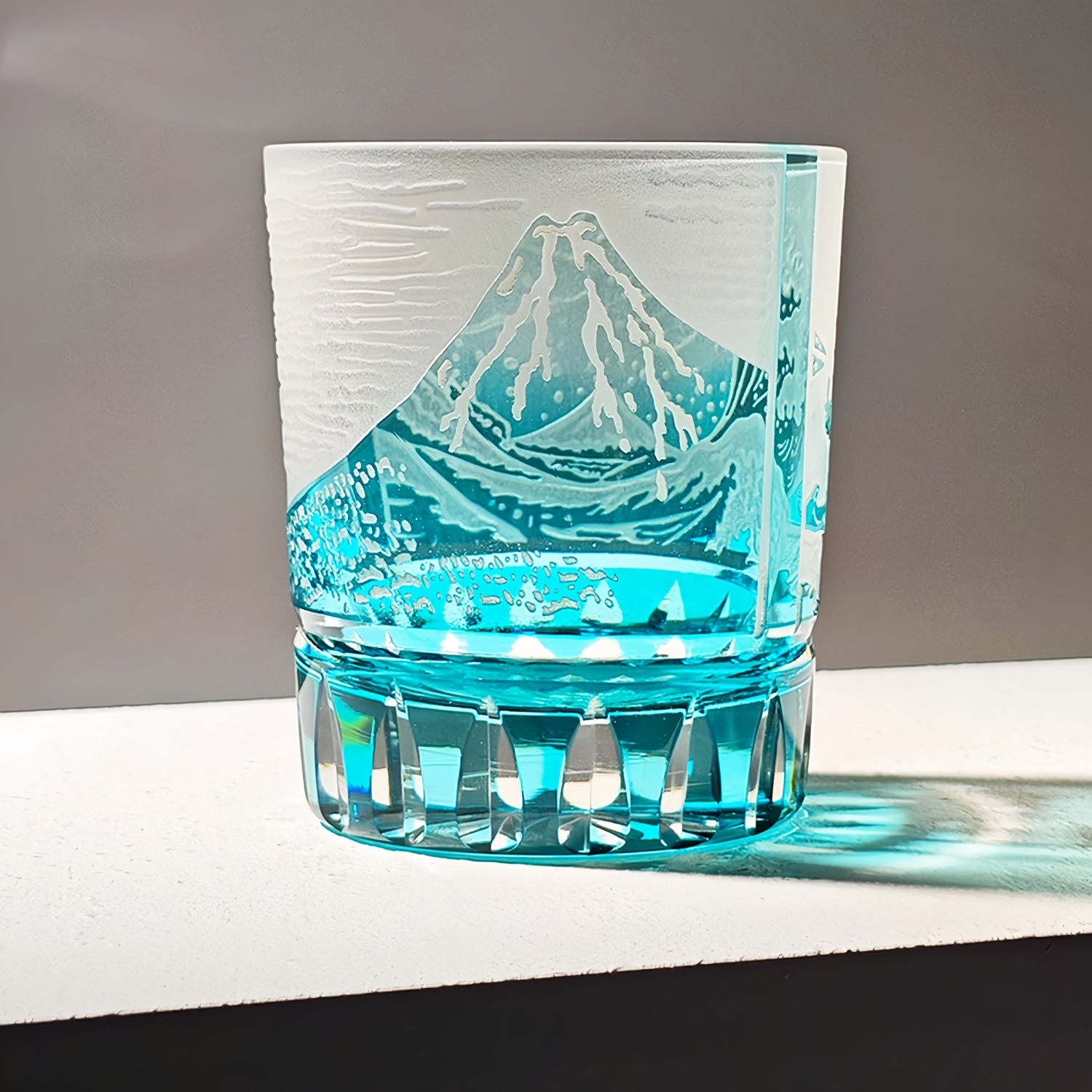 Handcrafted Edo Kiriko Fuji Wave whisky glass, Japanese cut crystal tumbler by Viko