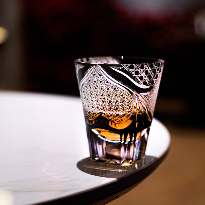 Handcrafted Edo Kiriko Spade Serenity whisky glass, Japanese cut crystal tumbler by Viko